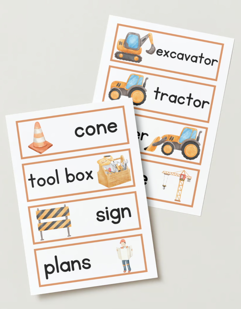 construction site word cards - set of 16 (digital download)