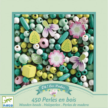 wooden beads; green flowers & foliage