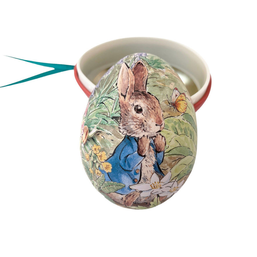 hanging peter rabbit egg tin; red base